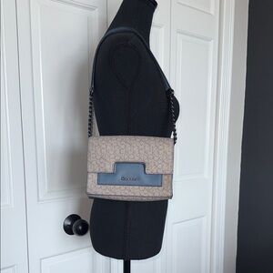 Calvin Klein Beige Monogram Shoulder Bag with Navy Accent